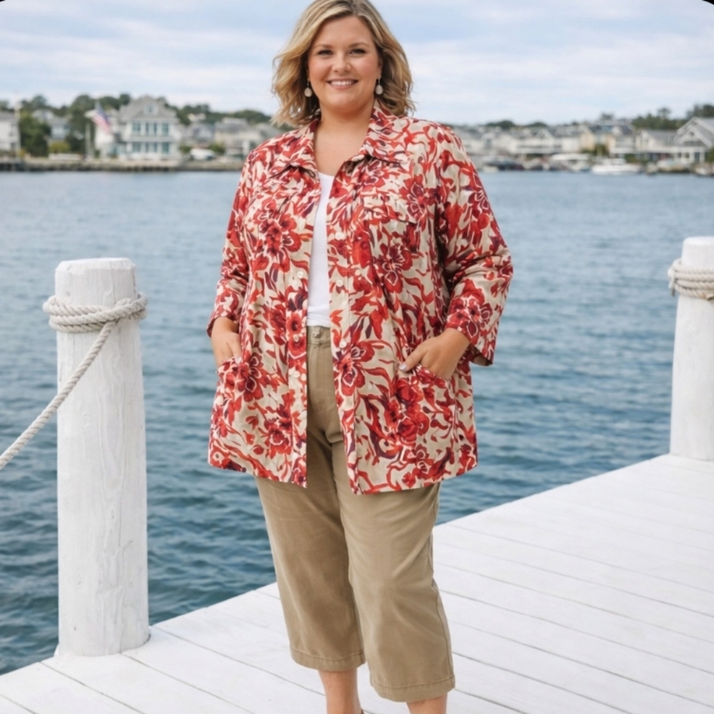 Floral Linen Blend Red/Tan Jacket  Coastal Cottagecore Quality Preppy Sz 16